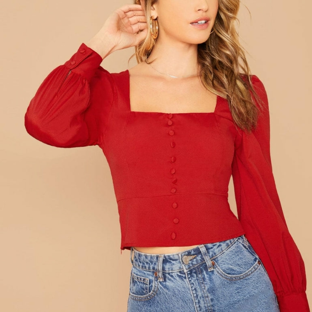 Wanted: Shein Square Neck Button Front Bishop Sleeve Top (Red)
